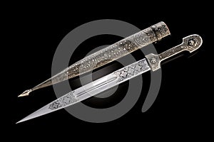 collectible silver dagger with scabbard on black