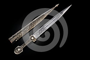 collectible silver dagger with scabbard on black