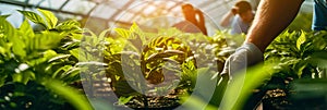 Collecting greenery in a greenhouse close-up, workers& x27; hands at work . Generative AI