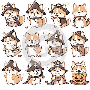 collection 01 of Siberian Huskey wearing pumkin hat and Halloween cloak character stickers on white background