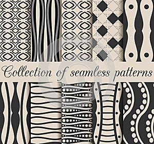 A collection of 10 black and white seamless patterns. Geometric shapes on the background,