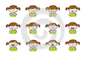 Collection of 12 illustrations of little girl showing different emotions