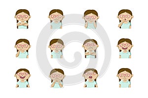 Collection of 12 illustrations of little girl showing different emotions