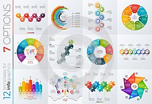 Collection of 12 vector templates for infographics with 7 options