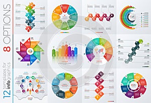 Collection of 12 vector templates for infographics with 8 options