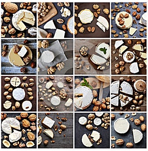 Collection of 16 colorful Camembert cheese and walnuts on wooden cutting board