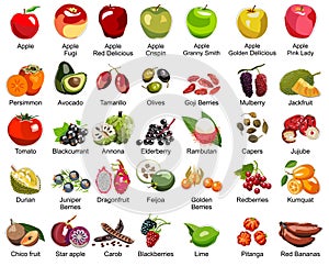 Collection of 35 Fruits icons â€“ Part 2 - All types of apples and some tasty exotic fruits