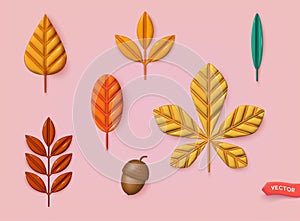 Collection of 3d multicolored fallen autumn leaves isolated on white background. 3D Vector Web llustrations