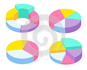 Collection of 3d pie diagrams, isometric infographics, business statistics, visualize info