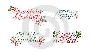 Collection with 4 Holiday cards made hand lettering Christmas blessings Peace to the earth. Joy to world.