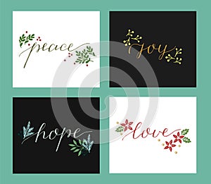 Collection with 4 Holiday cards made hand lettering Love, hope, peace, joy.