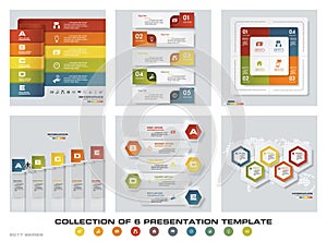 Collection of 6 design colorful presentation templates. EPS10. Set of infographics design vector and business icons.