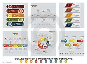 Collection of 6 design colorful presentation templates. EPS10. Set of infographics design vector and business icons.