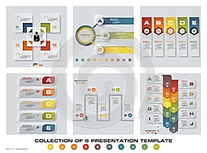 Collection of 6 design colorful presentation templates. EPS10. Set of infographics design vector and business icons.