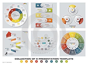 Collection of 6 design colorful presentation templates. EPS10. Set of infographics design vector and business icons.