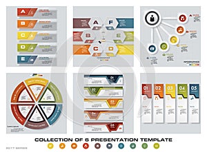 Collection of 6 design colorful presentation templates. EPS10. Set of infographics design vector and business icons.