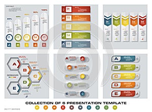 Collection of 6 design colorful presentation templates. EPS10. Set of infographics design vector and business icons.