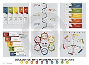 Collection of 6 design colorful presentation templates. EPS10. Set of infographics design vector and business icons.