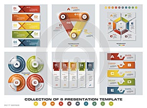 Collection of 6 design colorful presentation templates. EPS10. Set of infographics design vector and business icons.