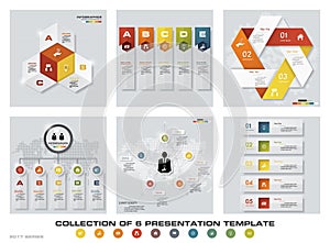 Collection of 6 design colorful presentation templates. EPS10. Set of infographics design vector and business icons.