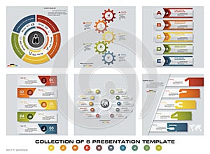 Collection of 6 design colorful presentation templates. EPS10. Set of infographics design vector and business icons.