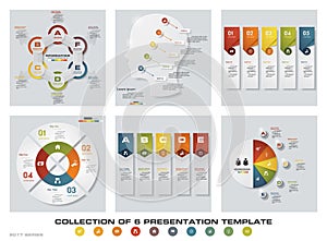 Collection of 6 design colorful presentation templates. EPS10. Set of infographics design vector and business icons.