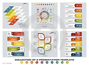 Collection of 6 design colorful presentation templates. EPS10. Set of infographics design vector and business icons.