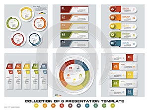 Collection of 6 design colorful presentation templates. EPS10. Set of infographics design vector and business icons.