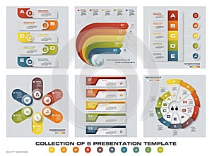 Collection of 6 design colorful presentation templates. EPS10. Set of infographics design vector and business icons.