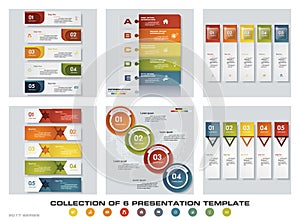 Collection of 6 design colorful presentation templates. EPS10. Set of infographics design vector and business icons.