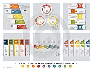 Collection of 6 design colorful presentation templates. EPS10. Set of infographics design vector and business icons.