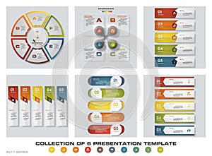 Collection of 6 design colorful presentation templates. EPS10. Set of infographics design vector and business icons.