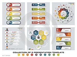 Collection of 6 design colorful presentation templates. EPS10. Set of infographics design vector and business icons.