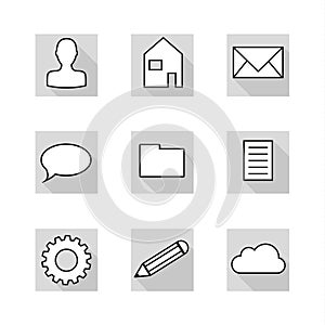 collection of 9 flat icons in neutral colors of greyscale