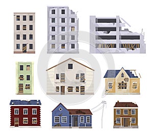 Collection abandoned and destroyed houses vector flat illustration damaged dwelling construction