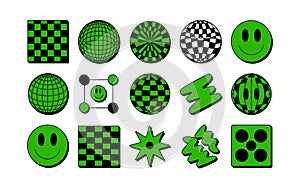 Abstract geometric shapes and smiley faces in green and black