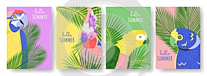 Collection of abstract hello summer background with parrots palm leaves in bright colors. Tropical hand drawn posters set