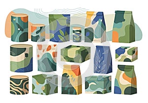 A collection of abstract packaging designs featuring various