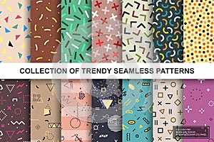 Collection of abstract retro seamless geometric patterns. Colorful vector trendy vintage backgrounds - mosaic textures