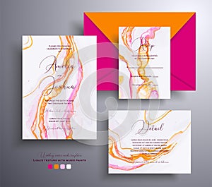 Collection of acrylic wedding invitations with stone pattern. Agate vector cards with marble effect and swirling paints