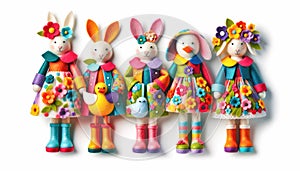 Collection of Adorable Easter Characters, Stuffed Animals Toys Dressed in Spring Outfits on a White Background