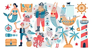 Collection of adorable pirates, sail ship, mermaids, sea fish and underwater creatures, treasure chest, lighthouse