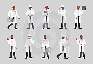 Collection of African American male doctor, physician or surgeon standing in different postures. Bundle of black man