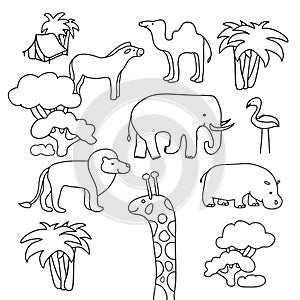 Collection of African animals in a contour flat line art. Zebra camel elephant lion flamingo hippo and giraffe. Use as