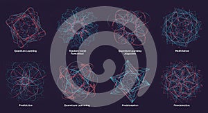 A collection of AI-generated abstract geometric patterns, each labeled with text. The