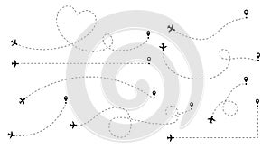 Collection of airplane routes with various shapes isolated on white background.