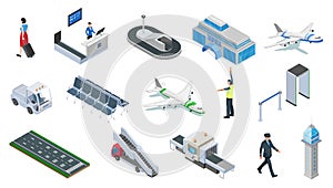 Collection airport isometric icons vector illustration travel terminal. Airline business tourism
