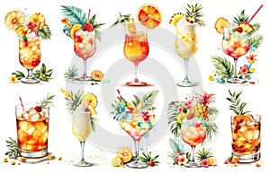 Collection of alcohol cocktails and other drinks watercolor illustrations set