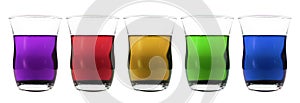 Collection Of Alcoholic Cocktails In Shot Glasses. Shots