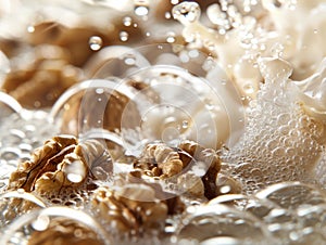 A collection of almonds submerged in water, soaking to soften before being used to make almond milk